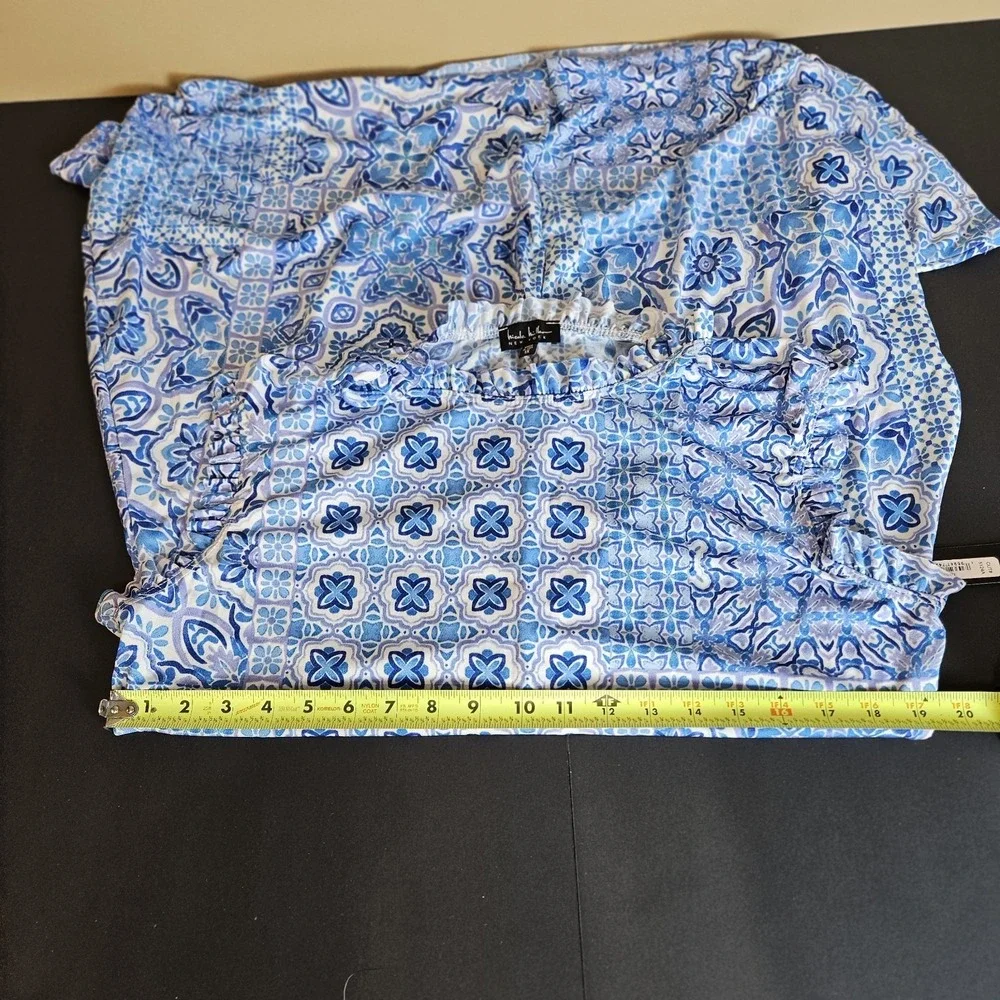 Nicole‎ Miller New York 1X Blue Tile Print Dress Ruffle NWT